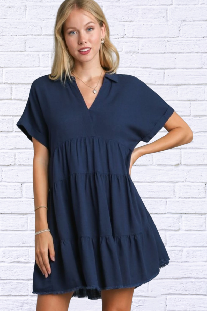 Umgee Full Size Raw Hem Folded Sleeve Tiered Dress Plus Size