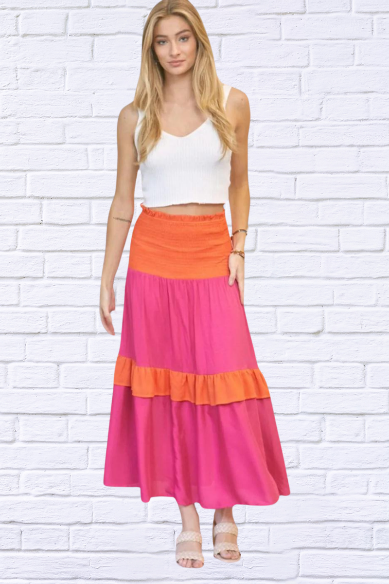 Hot Pink and Orange ColourBlock Smocked Ruffle  Maxi Skirt