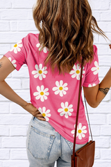 Printed Pink and White Flower Round Neck Short Sleeve T-Shirt