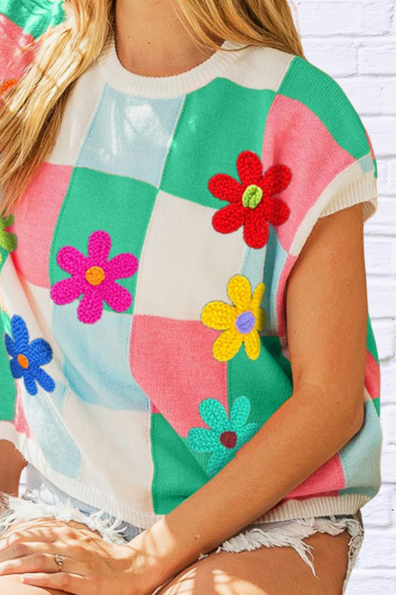 Mary Flower Patch Checkered Sweater Vest