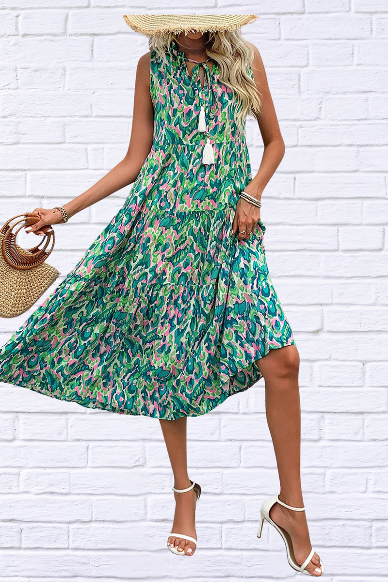 Tassel Printed Tie Neck Sleeveless Dress