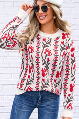 Delicate  Flower Round Neck Long Sleeve Sweater