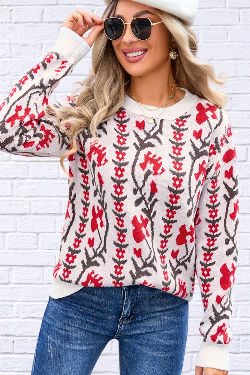 Delicate  Flower Round Neck Long Sleeve Sweater