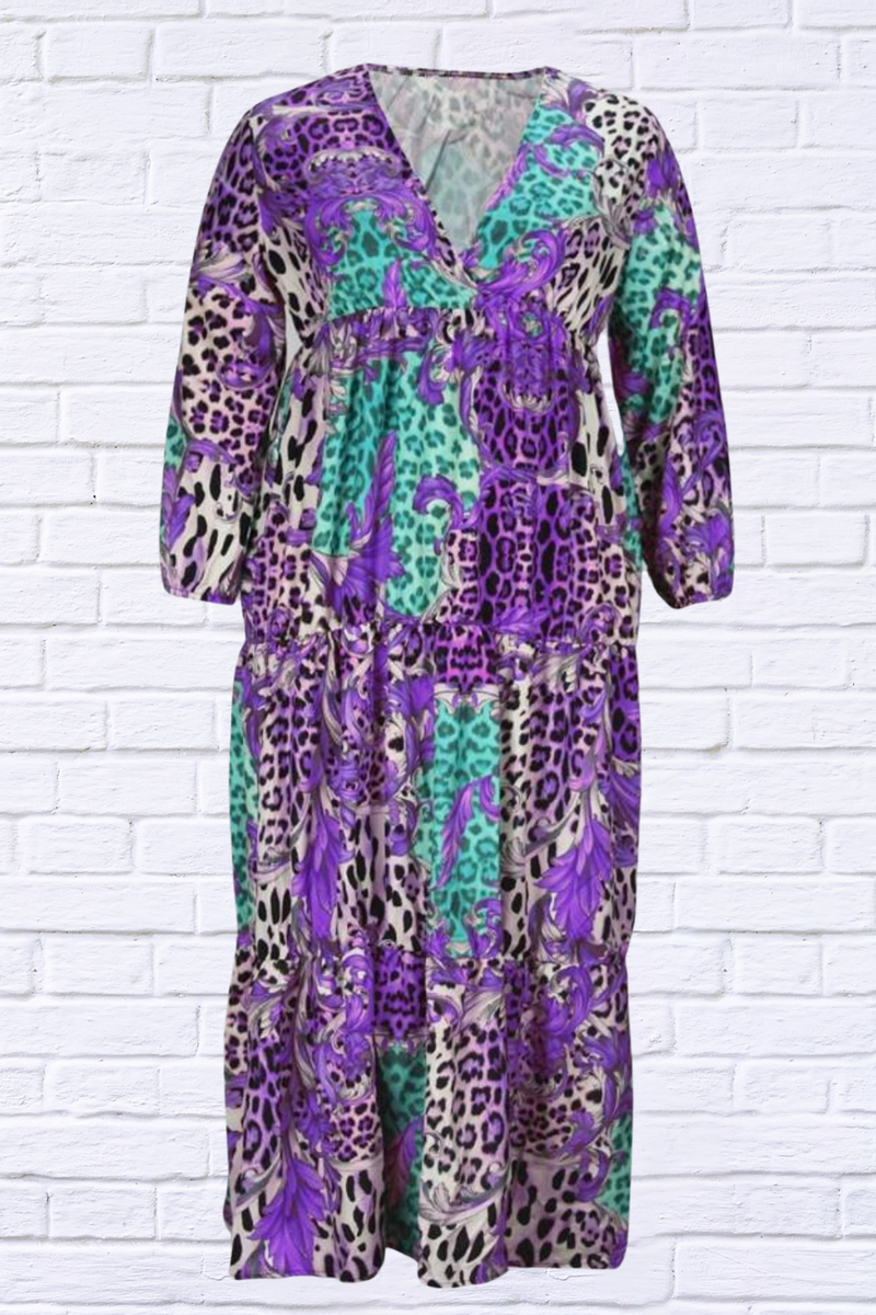 Plus Size Color Block Leopard Print Dress