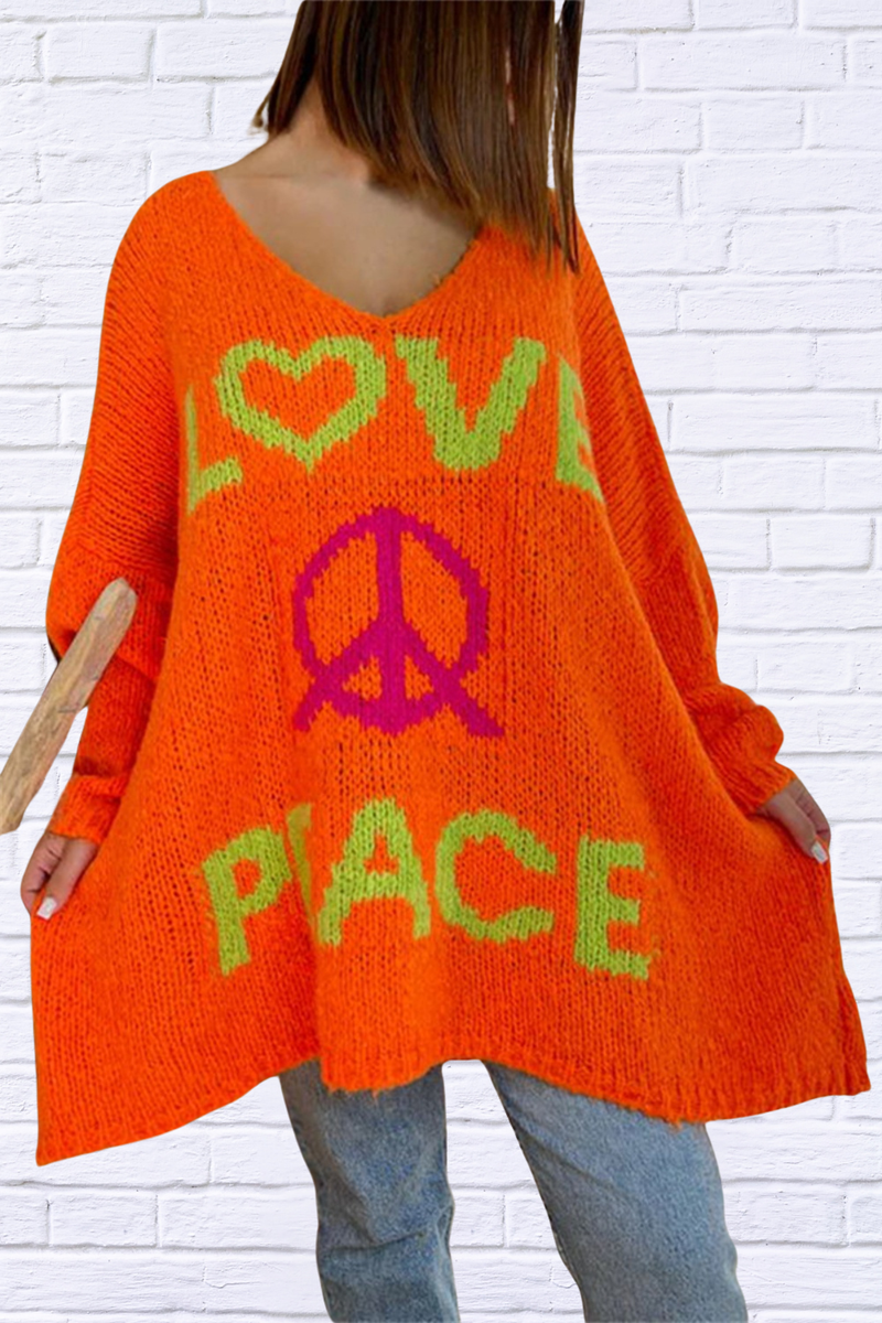 Peace Graphic V-Neck Long Sleeve Sweater