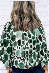 Printed Green Tie Neck Three-Quarter Sleeve Blouse