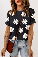 Printed Pink and White Flower Round Neck Short Sleeve T-Shirt