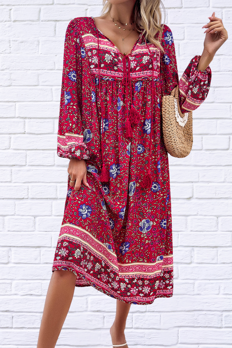 Devine Tassel Tied Printed Long Sleeve Dress