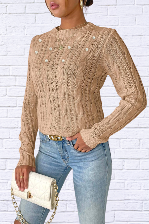 Cable-Knit Round Neck Long Sleeve Sweater