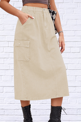 Slit Buttoned Denim Skirt with Pockets