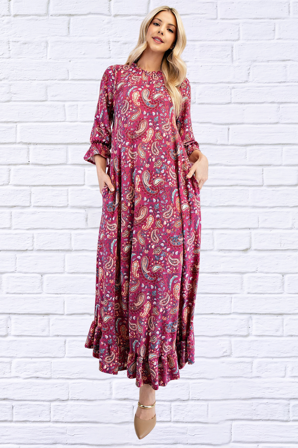 Celeste Full Size Ruffle Hem Paisley Round Neck Dress