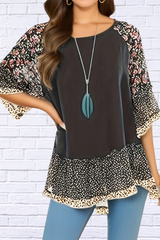 Full Size Frill Printed Round Neck Half Sleeve Blouse