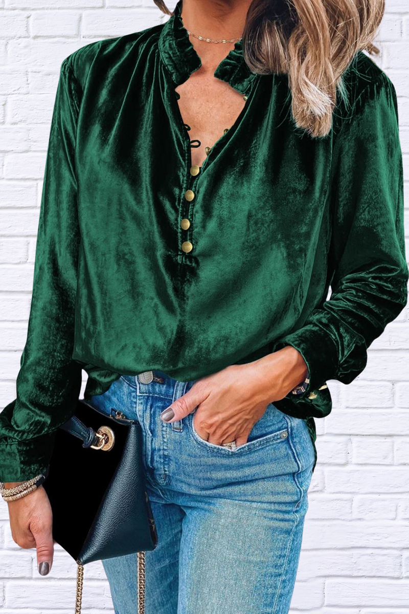 Frill Half Button Mock Neck Long Sleeve Blouse