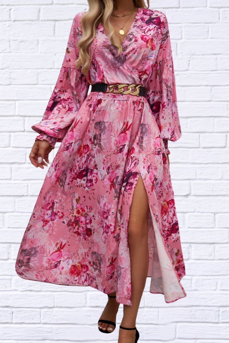 Split Printed Surplice Long Sleeve Midi Dress