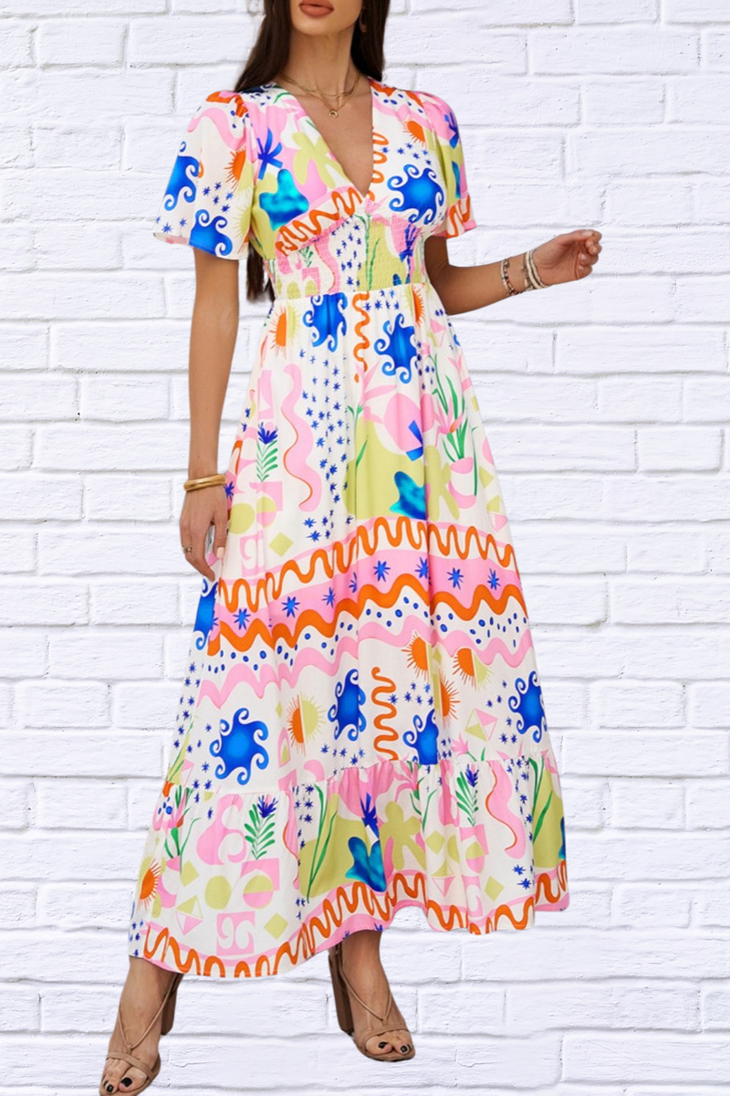 Smocked Printed V-Neck Short Sleeve Maxi Dress