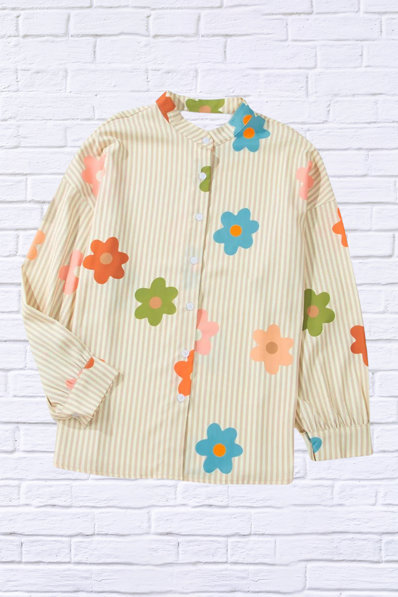 Striped Flower Button Up Long Sleeve Shirt