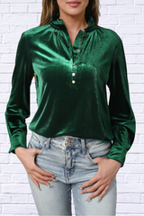 Frill Half Button Mock Neck Long Sleeve Blouse