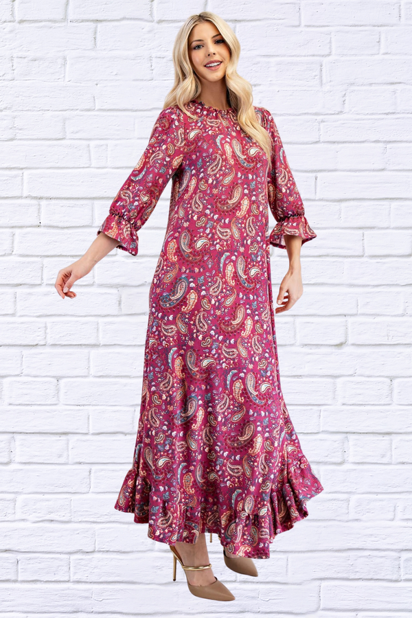 Celeste Full Size Ruffle Hem Paisley Round Neck Dress