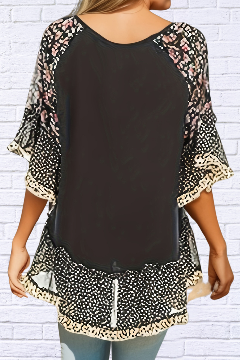 Full Size Frill Printed Round Neck Half Sleeve Blouse