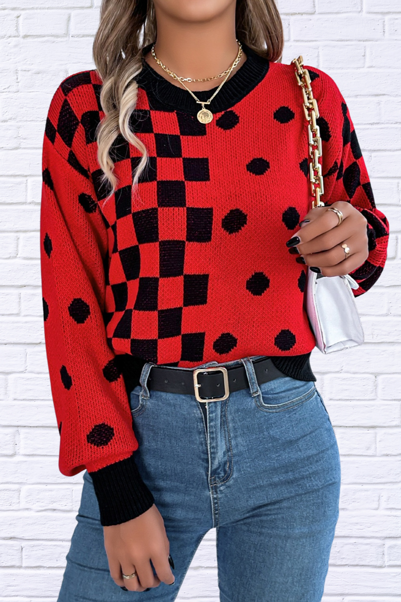 Plaid Round Neck Long Sleeve Sweater