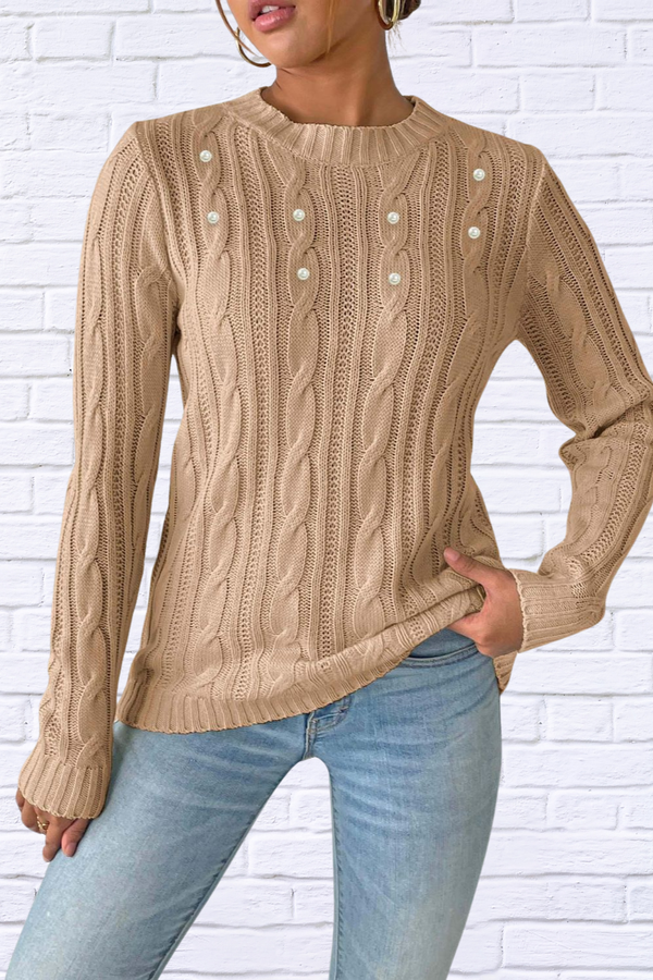 Cable-Knit Round Neck Long Sleeve Sweater