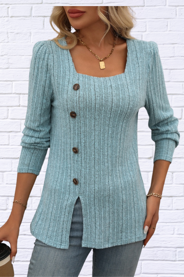 Decorative Button Striped Square Neck Long Sleeve T-Shirt