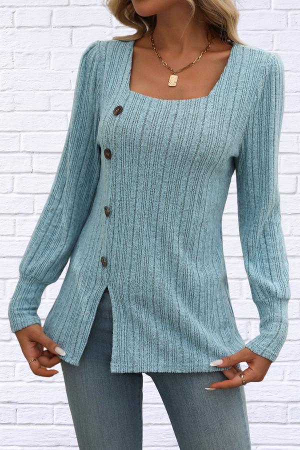 Decorative Button Striped Square Neck Long Sleeve T-Shirt