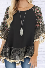 Full Size Frill Printed Round Neck Half Sleeve Blouse