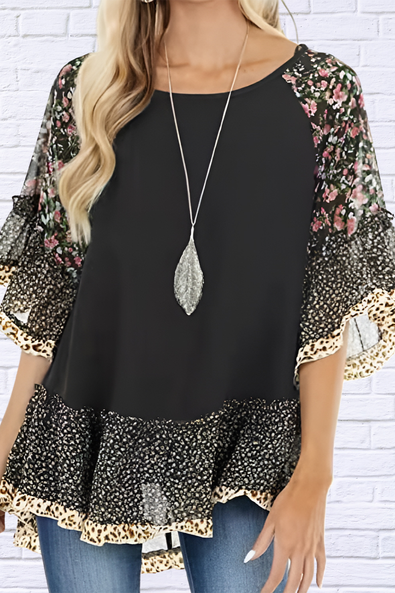 Full Size Frill Printed Round Neck Half Sleeve Blouse