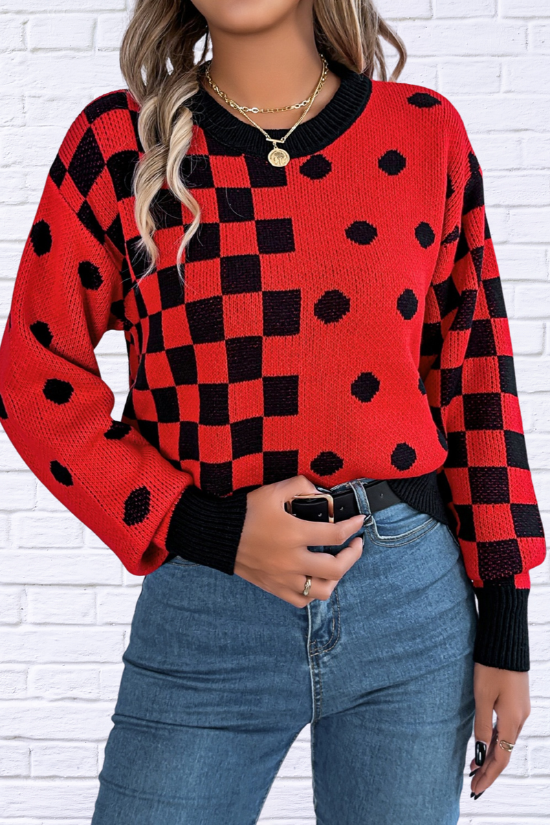 Plaid Round Neck Long Sleeve Sweater