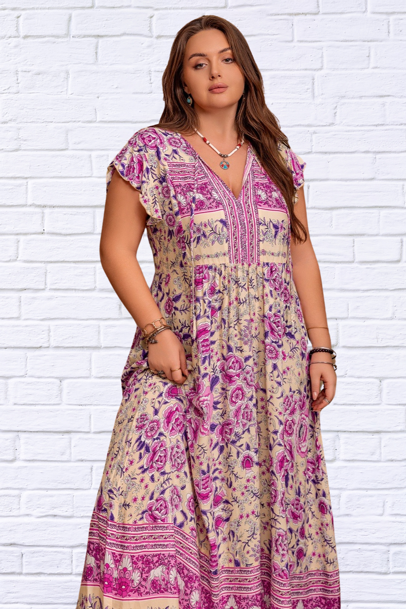 Plus Size Printed V-Neck Cap Sleeve Maxi Dress