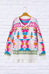 Geometric V-Neck Long Sleeve Sweater