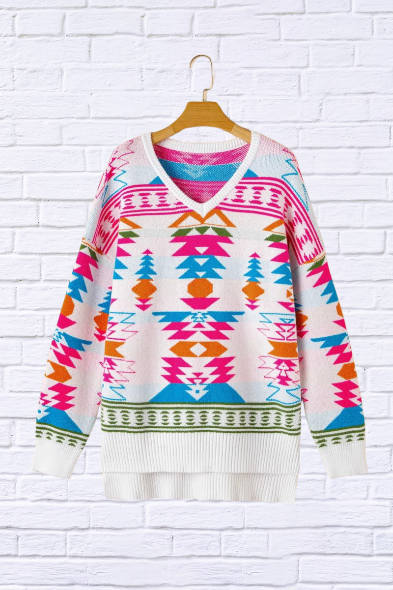 Geometric V-Neck Long Sleeve Sweater