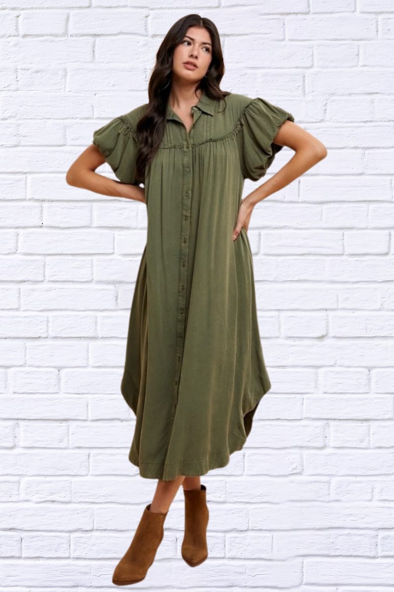 Mineral Washed Button Down Puff Sleeve Shirt Dress