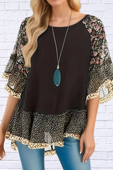 Full Size Frill Printed Round Neck Half Sleeve Blouse