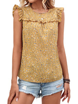 Ruffled Printed Round Neck Cap Sleeve Blouse