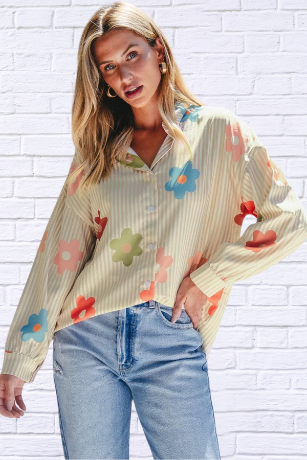 Striped Flower Button Up Long Sleeve Shirt