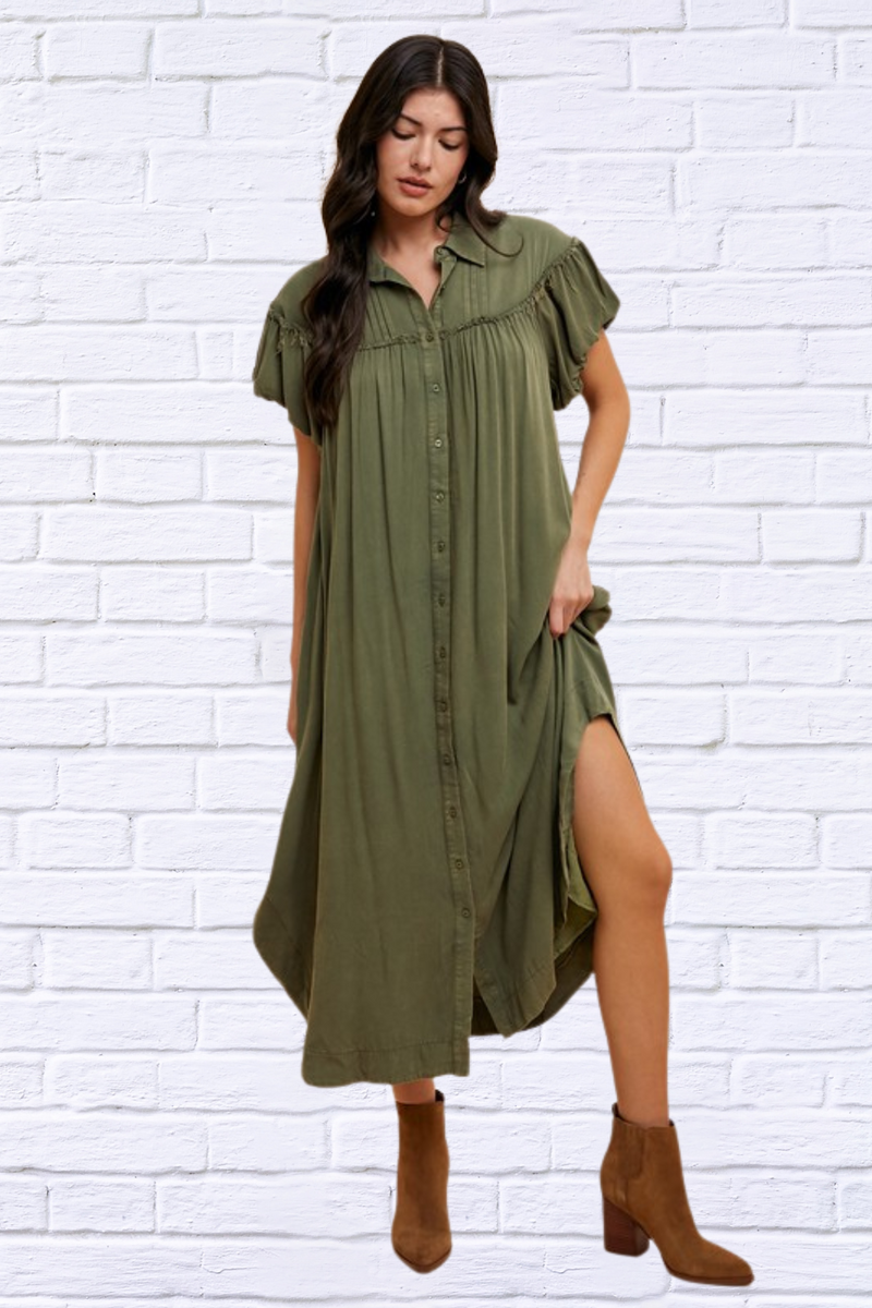 Mineral Washed Button Down Puff Sleeve Shirt Dress