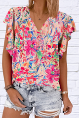 Omaha Ruffled Printed Tie Neck Cap Sleeve Blouse