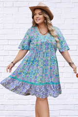 Plus Size Ruffled Hem Lace Detail Printed Half Sleeve Dress