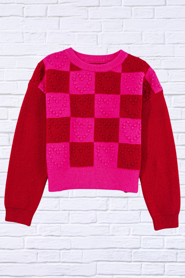 Plaid Heart Round Neck Sweater