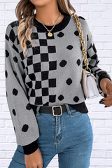 Plaid Round Neck Long Sleeve Sweater