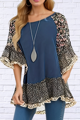 Full Size Frill Printed Round Neck Half Sleeve Blouse