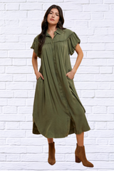 Mineral Washed Button Down Puff Sleeve Shirt Dress