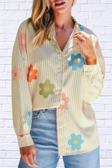 Striped Flower Button Up Long Sleeve Shirt