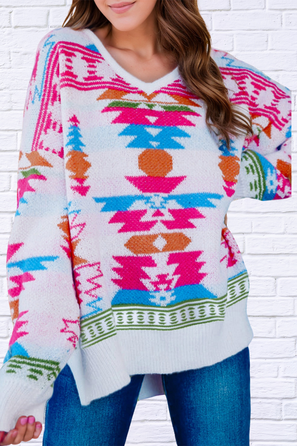 Geometric V-Neck Long Sleeve Sweater