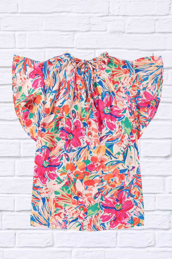 Omaha Ruffled Printed Tie Neck Cap Sleeve Blouse