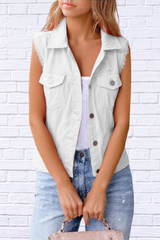 Full Size Button Down Raw Hem Sleeveless Denim Jacket Plus Size