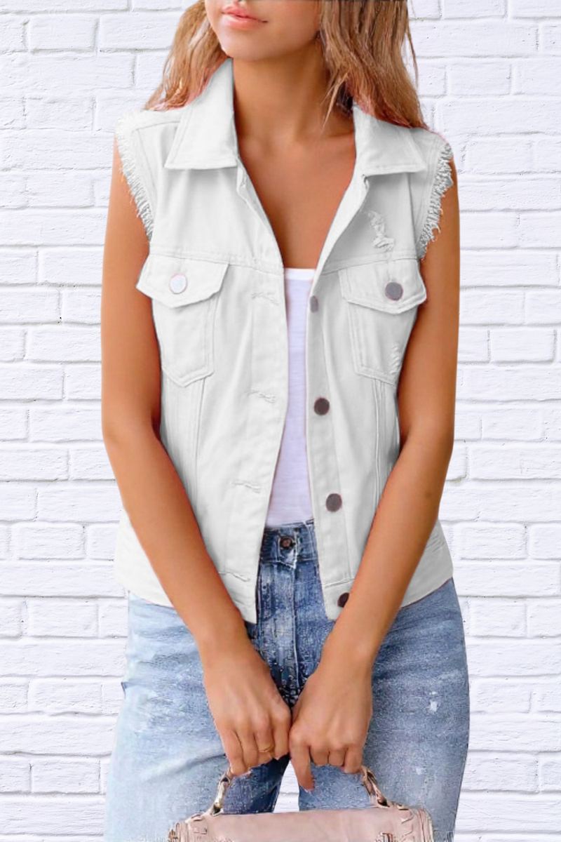 Full Size Button Down Raw Hem Sleeveless Denim Jacket Plus Size