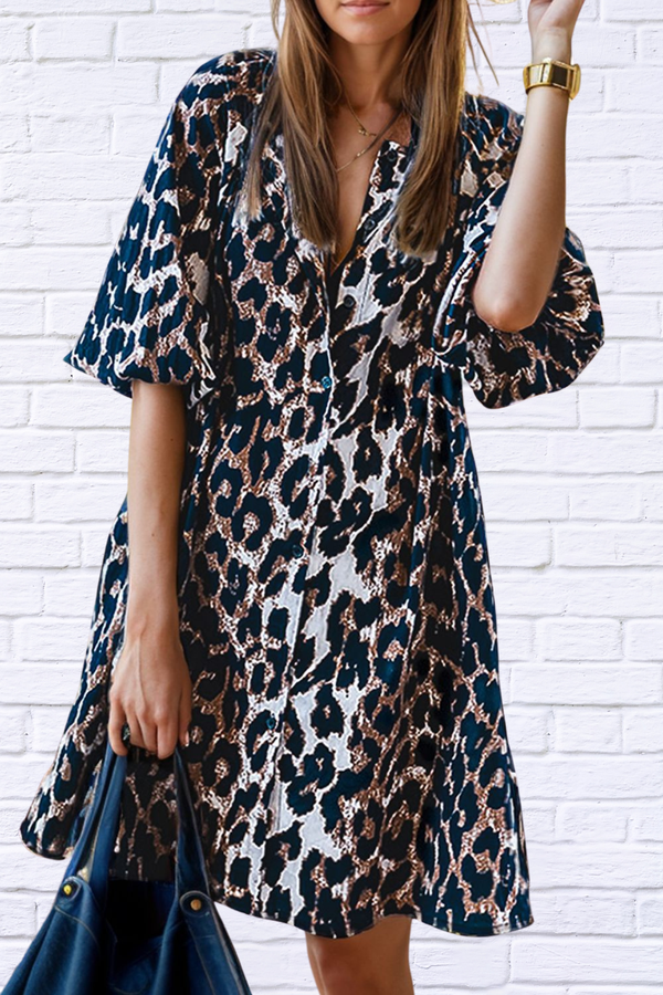 Leopard Button Up Half Sleeve Mini Dress